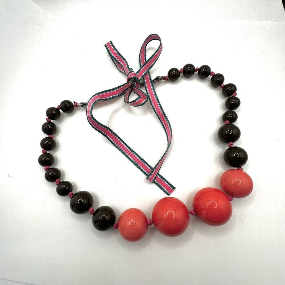 Pink and brown chunky beaded ribbon tie necklace